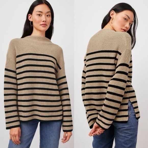 Rails Claudia Stripe Funnel Neck Sweater in Camel/Ebony Size Large - Picture 1 of 11